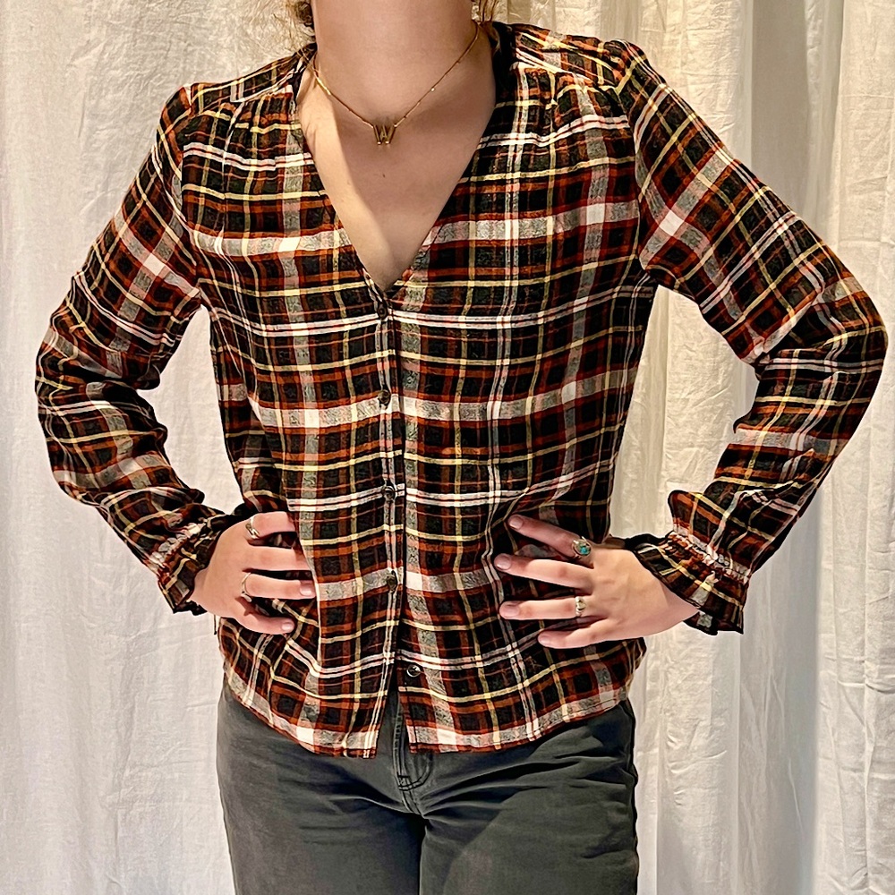 Madewell feminine cut, pouf shoulders, warm colors. never worn.